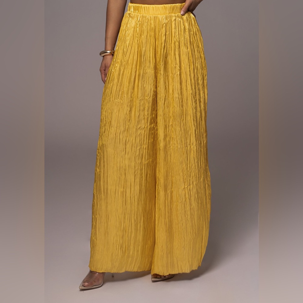 Jluxlabel Yellow metallic lightweight wide leg stretch waist‎ pull on pants sz S